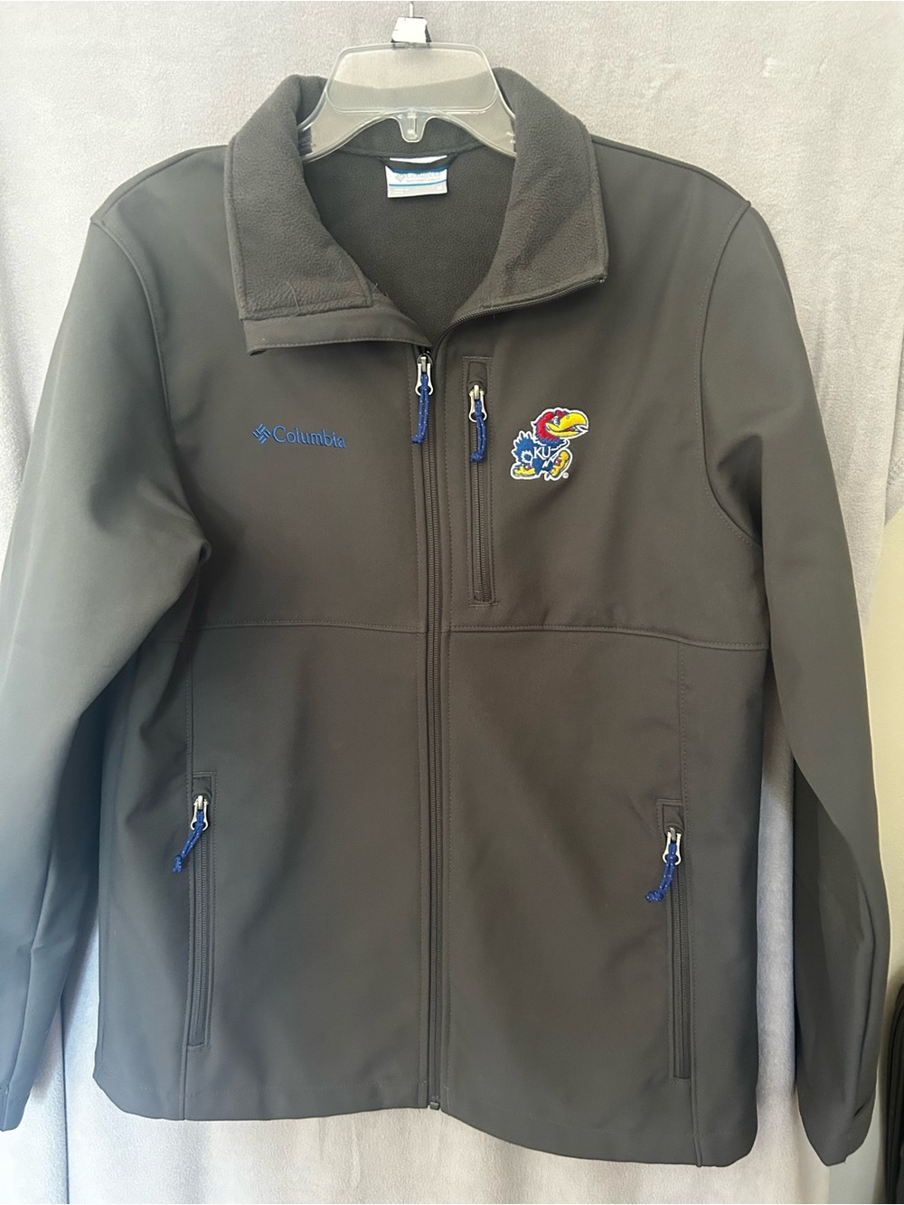 Columbia Grey Softshell Jacket with Blue Accents and Kansas Jayhawks Patch M